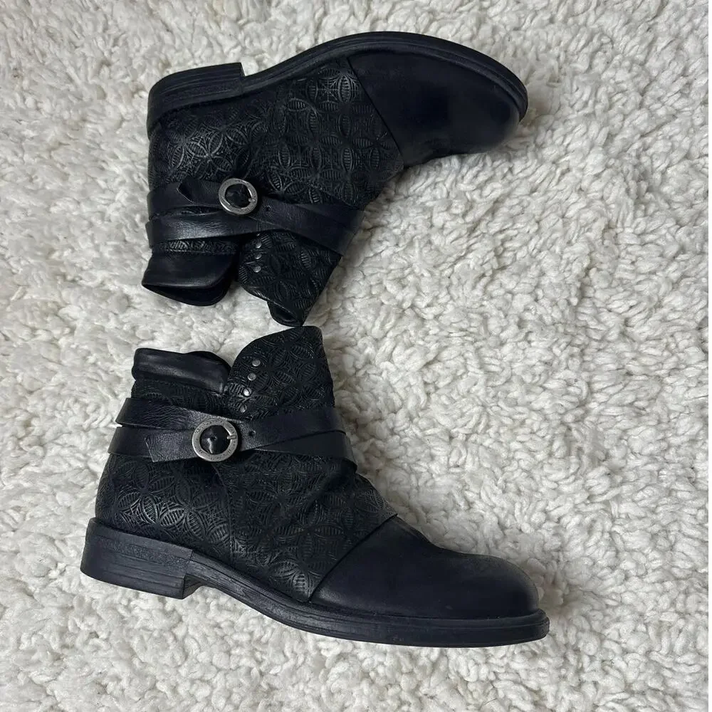 Miz Mooz Pixie Boots Ankle Booties Black Sliver Moto Style Boots Leather Straps